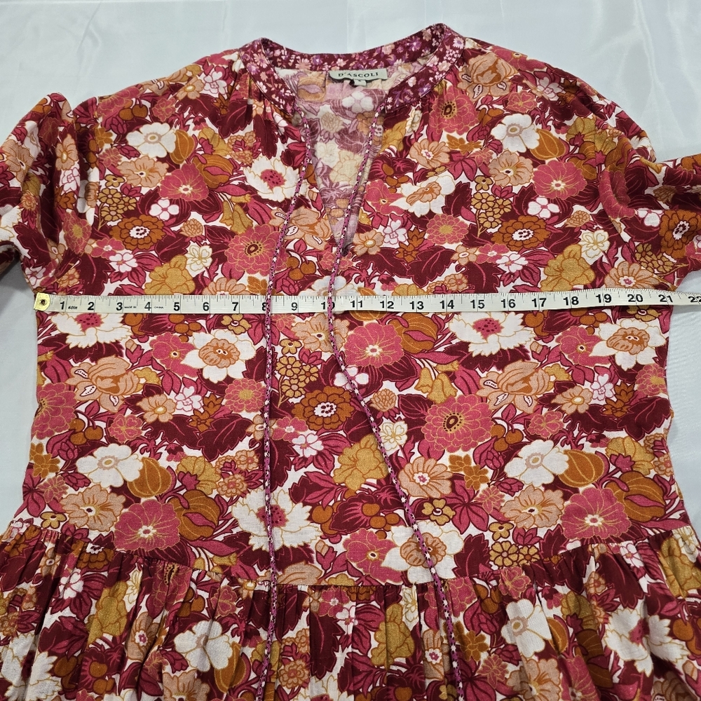 D’ascoli Lulu Dress Size Small Floral Print Cotton Boho Midi Notched Tie Neck - Picture 8 of 15